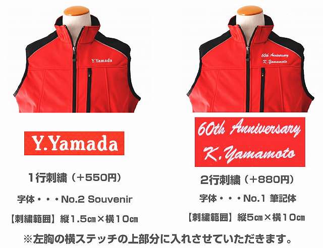 還暦祝いベストへの１行・２行の刺繍見本（背中にいれない場合）