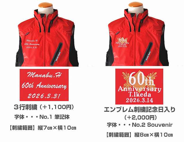 還暦祝いのプレゼントの赤ベストへの刺繍見本
